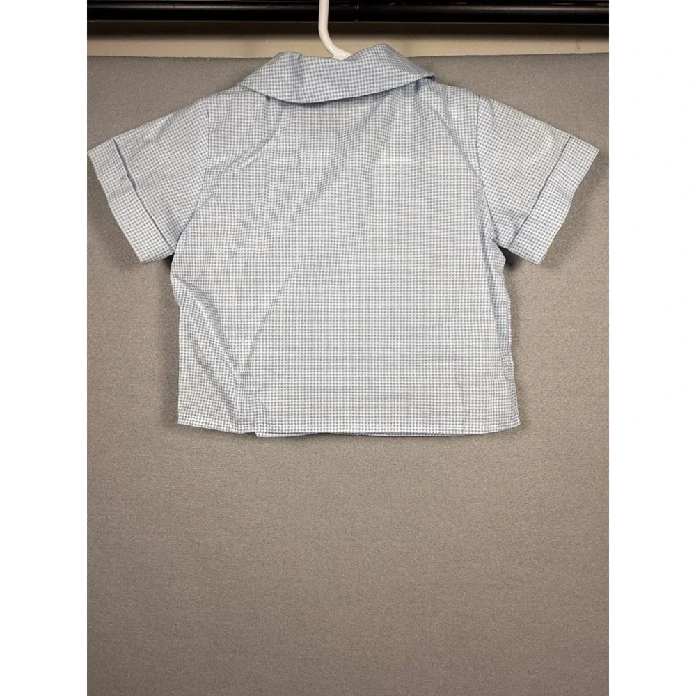 Vintage Baby Boy Blue Gingham Shirt and Fishing Bear Embroidered Romper Set 12M